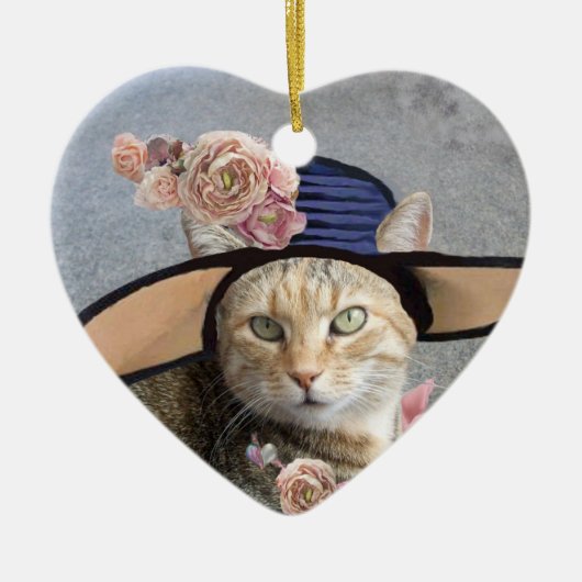 ELEGANTE KATZE,GROSSE DIVA HAT UND ROSE Herzmuskel Keramikornament (Vorne)