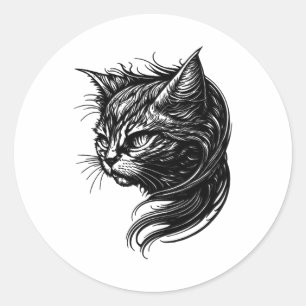 Elegante Katze im Vintagen Tattoo-Stil Runder Aufkleber
