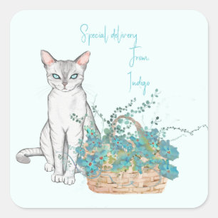 Elegante Katze mit Blume-Korbkleber oder Etiketten Quadratischer Aufkleber