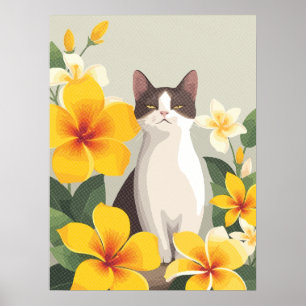 Elegante Katze mit gelben Plumeria-Blume Poster