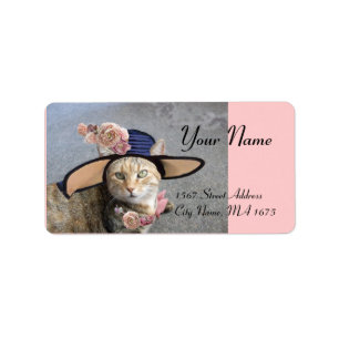 ELEGANTE KATZE MIT GROSSEM DIVA HAT,PINK ROSES ADRESSAUFKLEBER