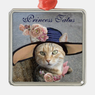 ELEGANTE KATZE MIT GROSSEM DIVA HAT,PINK ROSES ORNAMENT AUS METALL