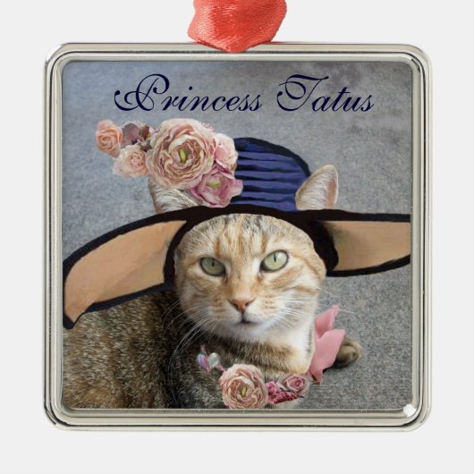 ELEGANTE KATZE MIT GROSSEM DIVA HAT,PINK ROSES ORNAMENT AUS METALL (Vorne)