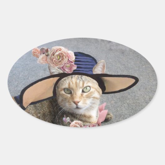 ELEGANTE KATZE MIT GROSSEM DIVA HAT,PINK ROSES OVALER AUFKLEBER (Vorderseite)