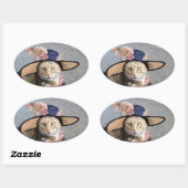 ELEGANTE KATZE MIT GROSSEM DIVA HAT,PINK ROSES OVALER AUFKLEBER (Blatt)