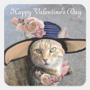 ELEGANTE KATZE MIT GROSSEM DIVA HAT,PINK ROSES QUADRATISCHER AUFKLEBER