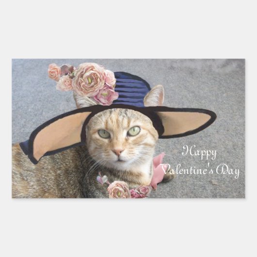 ELEGANTE KATZE MIT GROSSEM DIVA HAT,PINK ROSES RECHTECKIGER AUFKLEBER (Vorderseite)