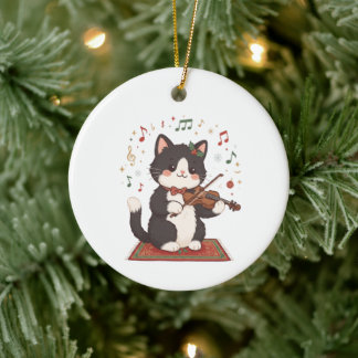 Elegante Katze spielt Violine Weihnachten  Keramik Ornament