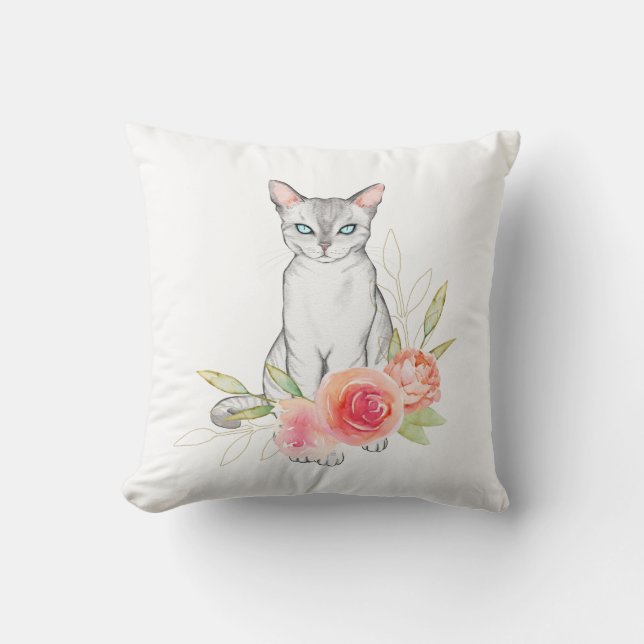 Elegante Katze und Blume Kissen (Vorderseite)