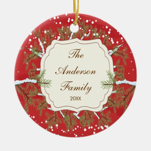 Elegante Kiefer Branche datiertes Keramik Ornament (Vorne)