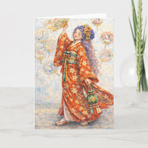 Elegante Kimono-Frau mit Fächer Karte