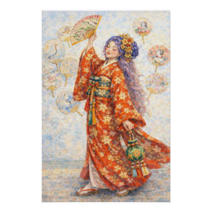 Elegante Kimono-Frau mit Fächer Poster