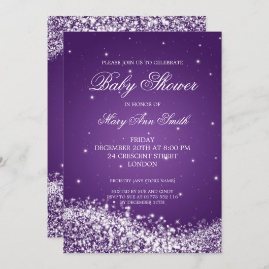 Elegante Kinderdusche Lila Einladung (Vorne/Hinten)