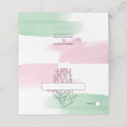 Elegante King Protea Watercolor Hochzeitsstimmung Platzkarte (Außenseite Aufgefaltet)