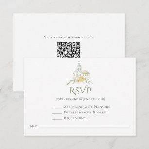 Elegante Kirchenblumen-Aquarell-QR-Code-Hochzeit RSVP Karte