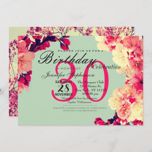 Elegante Kirschblüten auf rustikalem Aquamarinen Einladung (Vorne/Hinten)