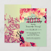 Elegante Kirschblüten auf rustikalem Aquamarinen Einladung (Vorne/Hinten)