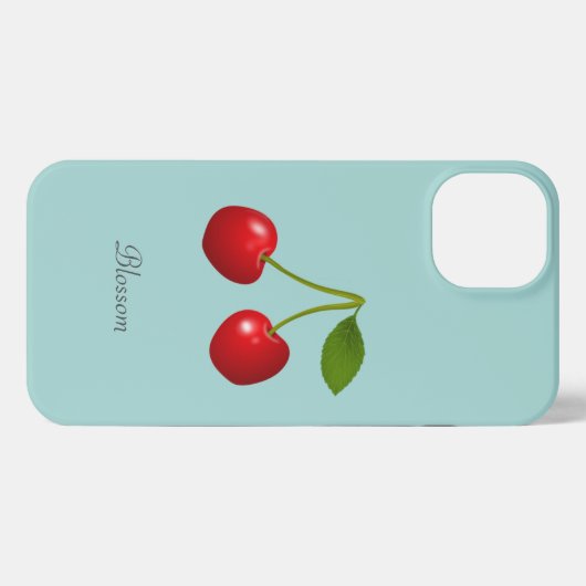 Elegante Kirschfrüchte & Name auf hellblau iPhone Hülle (Rückseite (Horizontal))