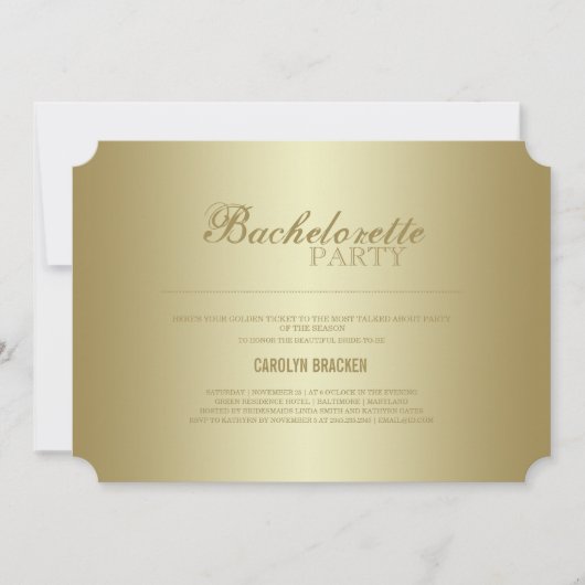 Elegante Klasse| Gold - Ticket| Bachelorette Einladung (Vorderseite)