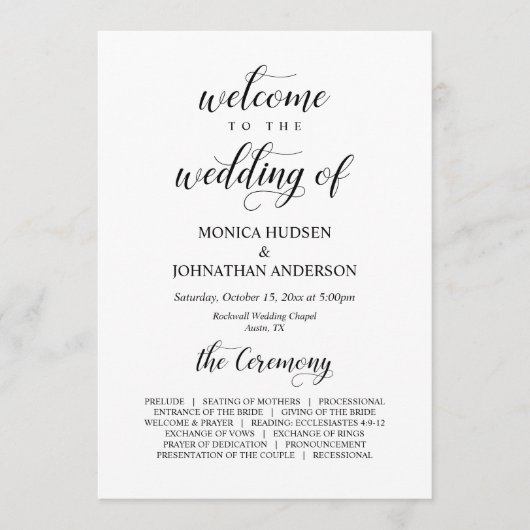 Elegante Klasse, schwarze Schrift, Hochzeitsfeier Programm (Vorderseite)