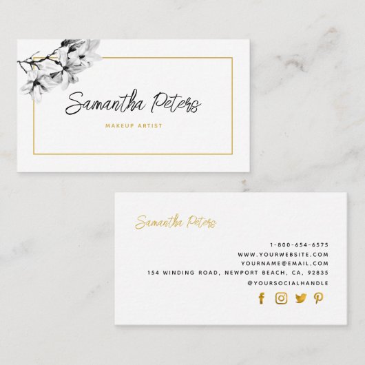 Elegante Klassik Flora Schwarz-weiß Magnolia Visitenkarte (Vorne/Hinten)