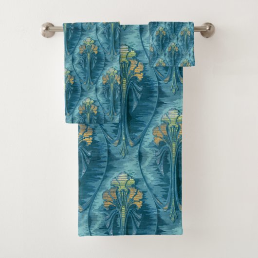 Elegante Klassik Jugendstil Aquamarin Wavy Floral Badhandtuch Set (Insitu)