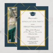 Elegante Klassik-Script Gold-Marine Graduierungspa Einladung (Vorne/Hinten)