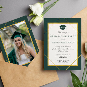 Elegante Klassik-Skript Gold grüne Graduierungspar Einladung