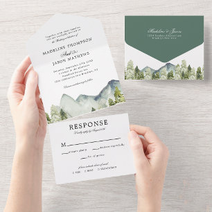 Elegante klassische Aquarell-Hochzeit im Bergwald All In One Einladung