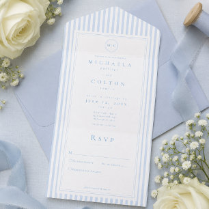 Elegante klassische blaue Streifen-Monogramm-Hochz All In One Einladung