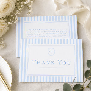 Elegante klassische blaue Streifen-Monogramm-Hochz Dankeskarte
