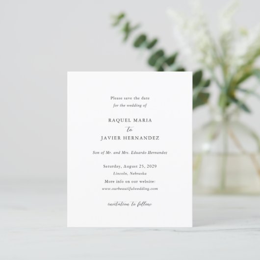 Elegante klassische Budget-Hochzeit - Save-the-Dat (Stehend Vorderseite)