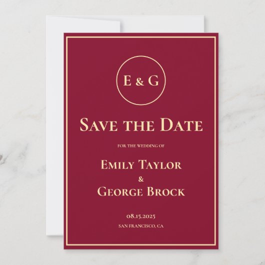 Elegante klassische Burgundy Gold Monogram Chic We Save The Date (Vorderseite)