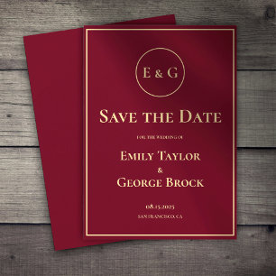 Elegante klassische Burgundy Gold Monogram Chic We Save The Date