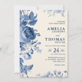 Elegante klassische Creme & Blue Floral Wedding Einladung (Vorderseite)
