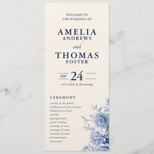 Elegante klassische Creme & Blue Floral Wedding Programm (Vorderseite)