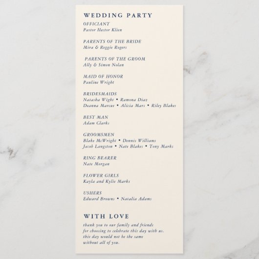 Elegante klassische Creme & Blue Floral Wedding Programm (Rückseite)