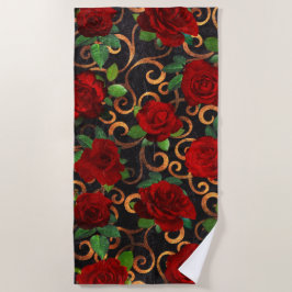 Elegante klassische Damask Vintage Schwarze Rote R Strandtuch
