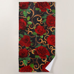 Elegante klassische Damask Vintage Schwarze Rote R Strandtuch