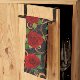 Elegante, klassische Damast-Vintage-Chic-Schwarzro Geschirrtuch