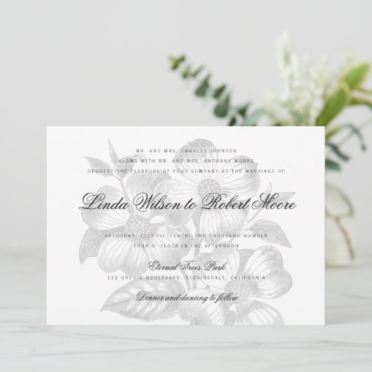 Elegante klassische Dogwood Blume Einladung Hochze (Stehend Vorderseite)