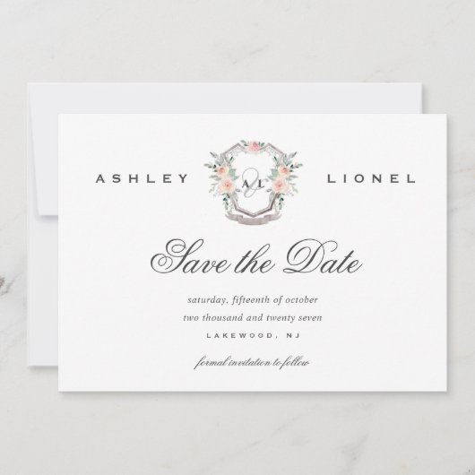 Elegante klassische formale Monogramm-Blumenhochze Save The Date (Vorderseite)