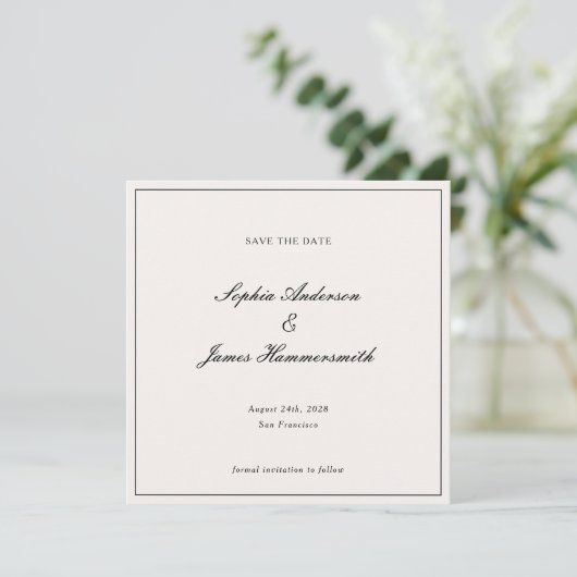 Elegante klassische formale Schwarz-Rahmen-Skripte Save The Date (Stehend Vorderseite)