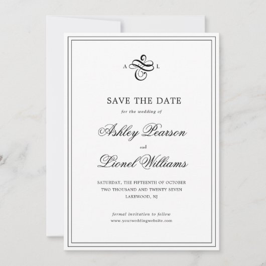 Elegante klassische formale Skriptmonogramm-Hochze Save The Date (Vorderseite)