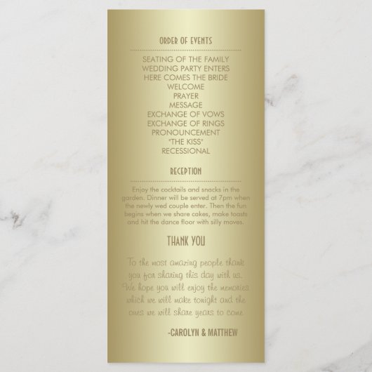 Elegante, klassische Gold-Hochzeitsprogramm Rackka Programm (Rückseite)