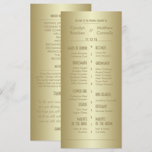 Elegante, klassische Gold-Hochzeitsprogramm Rackka Programm (Vorne/Hinten)