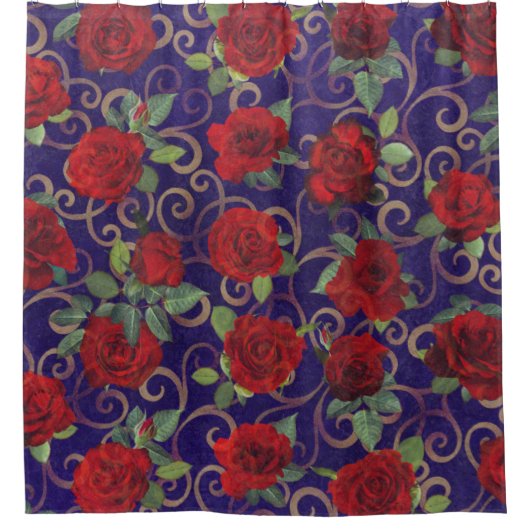 Elegante, klassische Golddamaske Vintage Rote Rose Duschvorhang (Vorderseite)