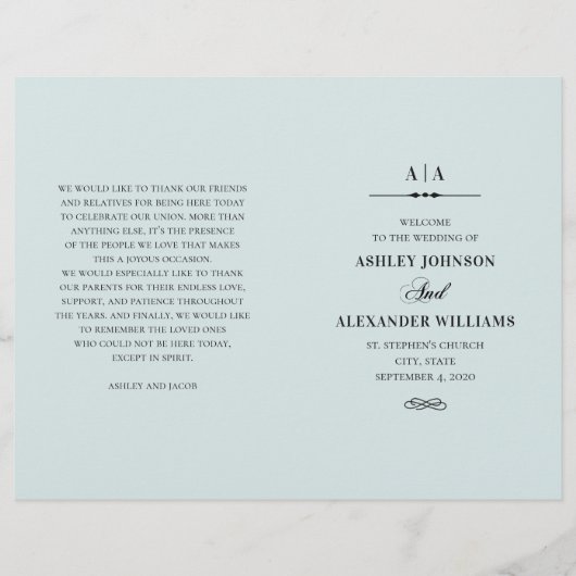 Elegante klassische Hochzeit. Blaues Programm (Vorderseite)