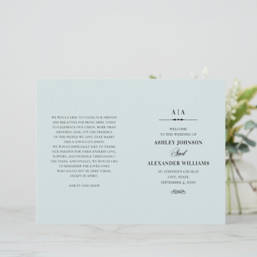 Elegante klassische Hochzeit. Blaues Programm (Stehend Vorderseite)