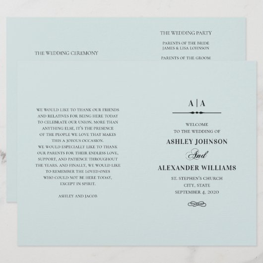 Elegante klassische Hochzeit. Blaues Programm (Vorne/Hinten)